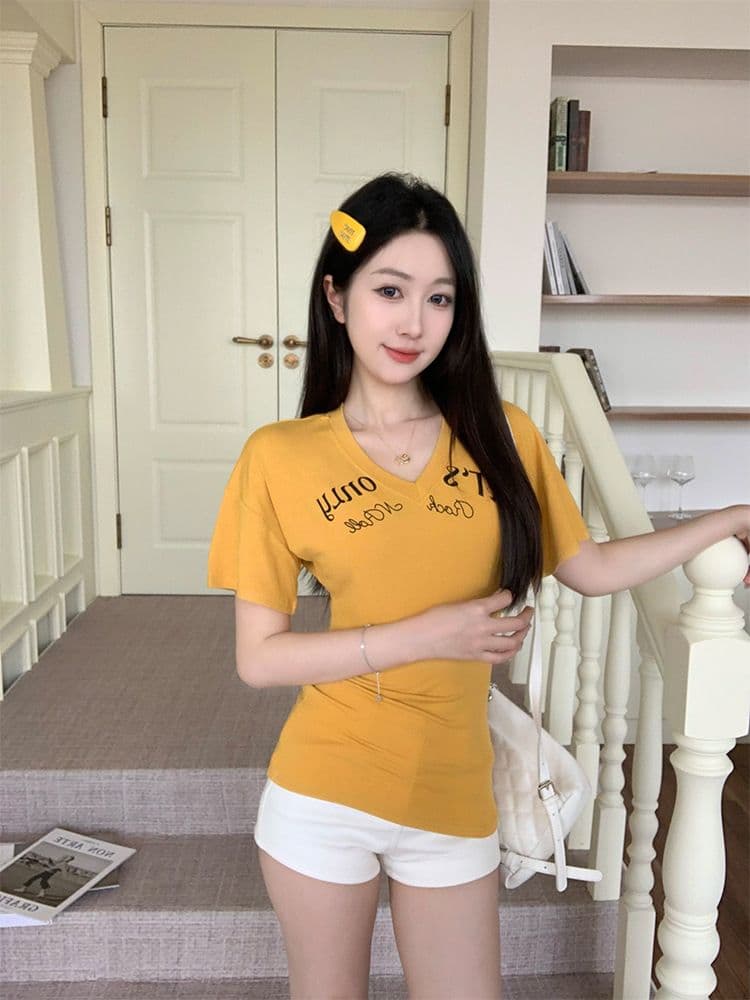 아메리칸 핫걸 몸매 가꾸기 슬림해 보이는 알파벳 긍정적 인 어깨 반팔 티셔츠 여성 의류 여름 다용도 아름다운 chic 쇼트 스타일 맨위 상세 이미지 6