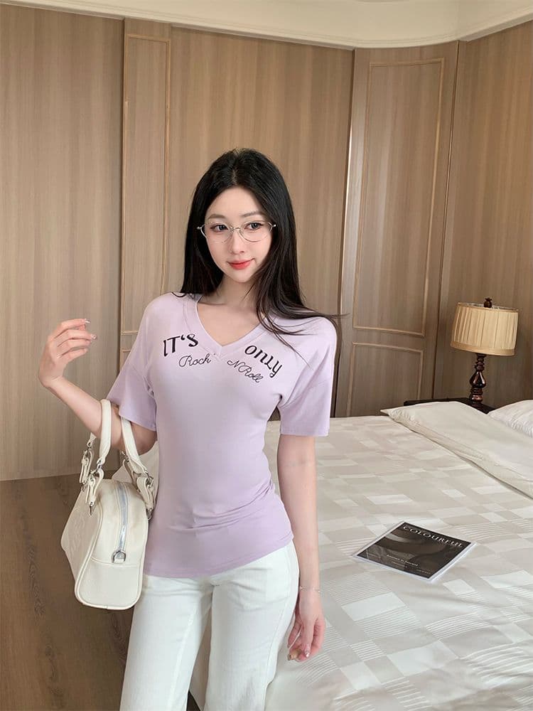 아메리칸 핫걸 몸매 가꾸기 슬림해 보이는 알파벳 긍정적 인 어깨 반팔 티셔츠 여성 의류 여름 다용도 아름다운 chic 쇼트 스타일 맨위 상세 이미지 7