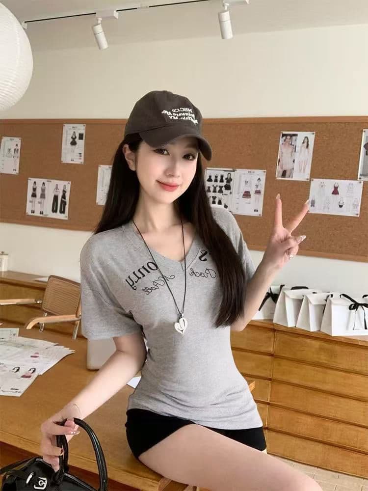 아메리칸 핫걸 몸매 가꾸기 슬림해 보이는 알파벳 긍정적 인 어깨 반팔 티셔츠 여성 의류 여름 다용도 아름다운 chic 쇼트 스타일 맨위 상세 이미지 9