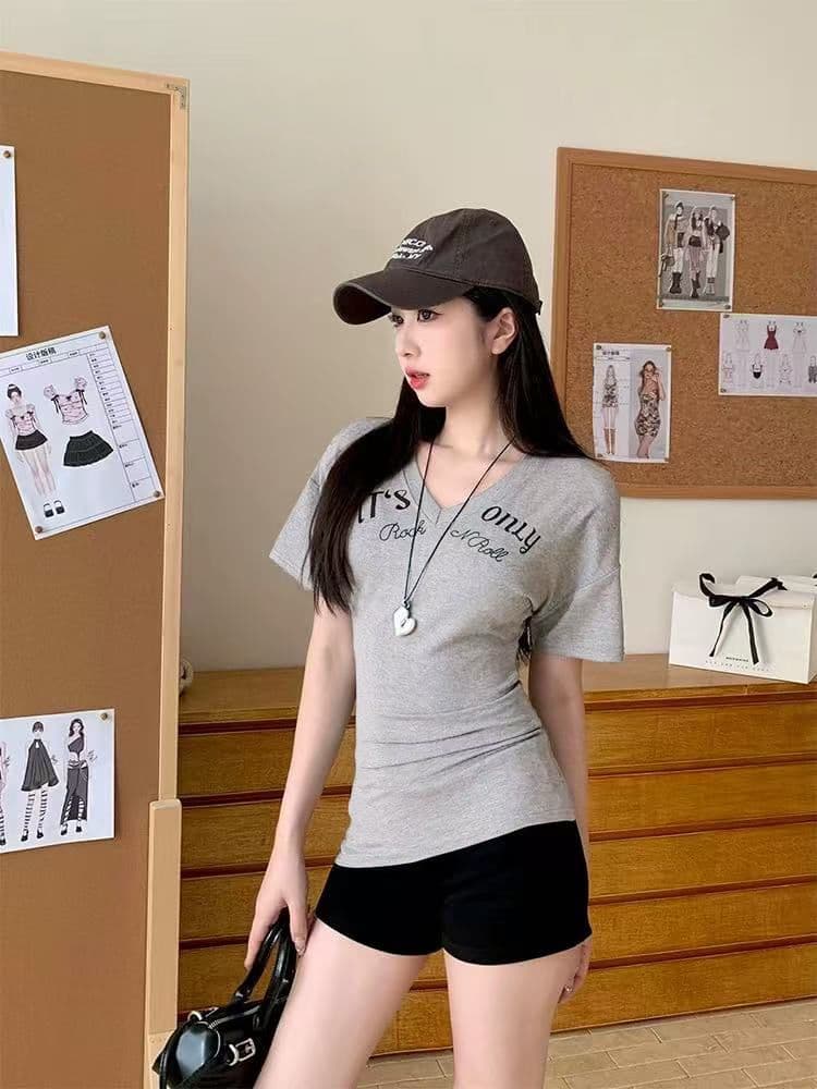 아메리칸 핫걸 몸매 가꾸기 슬림해 보이는 알파벳 긍정적 인 어깨 반팔 티셔츠 여성 의류 여름 다용도 아름다운 chic 쇼트 스타일 맨위 상세 이미지 10