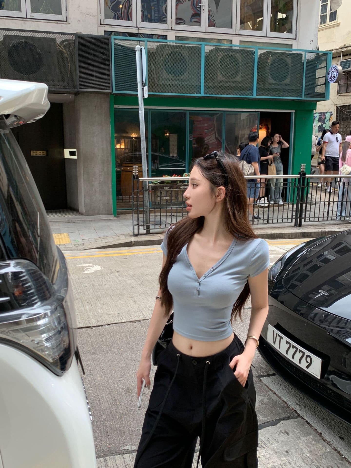 순수한 욕망 품격 V넥 단추 이슬 뼈의 반팔 티셔츠 여성 여름 핫걸 허리 수축 쇼트 스타일 맨위 상세 이미지 6