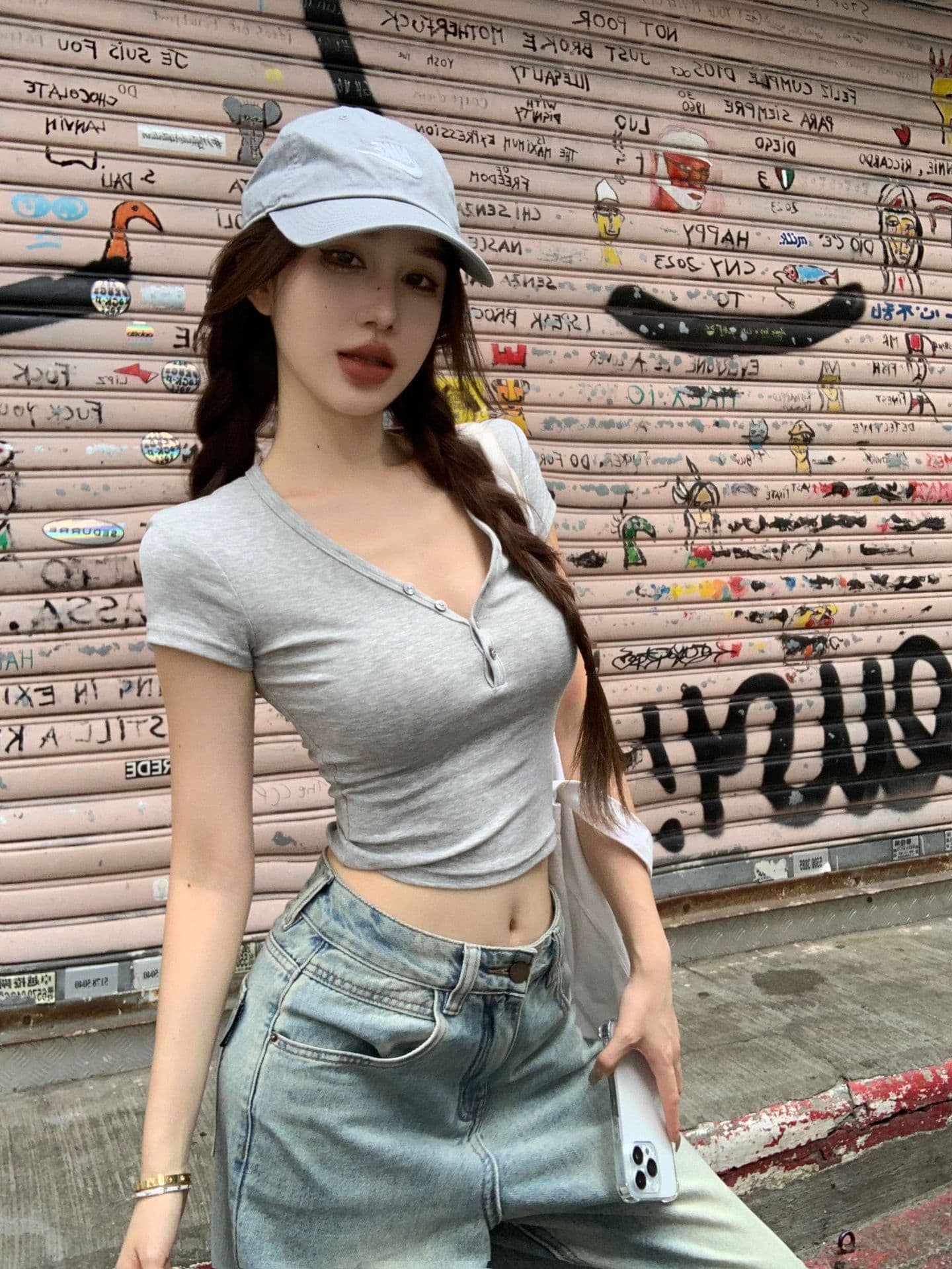 순수한 욕망 품격 V넥 단추 이슬 뼈의 반팔 티셔츠 여성 여름 핫걸 허리 수축 쇼트 스타일 맨위 상세 이미지 11