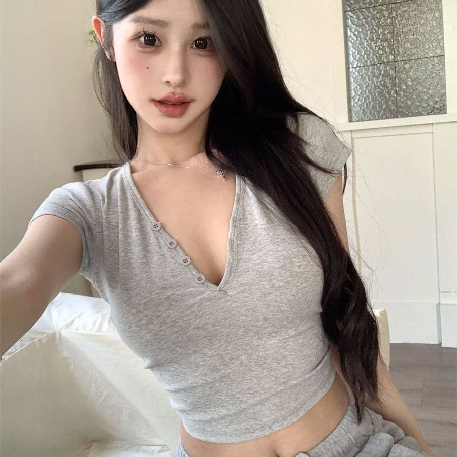 있음 선적 모달 V넥 반팔 긍정적 인 어깨 계절 Chic 고유 한 달콤한 차가운 핫걸 쇼트 스타일 타이트 슬림해 보이는 맨위 이미지 4