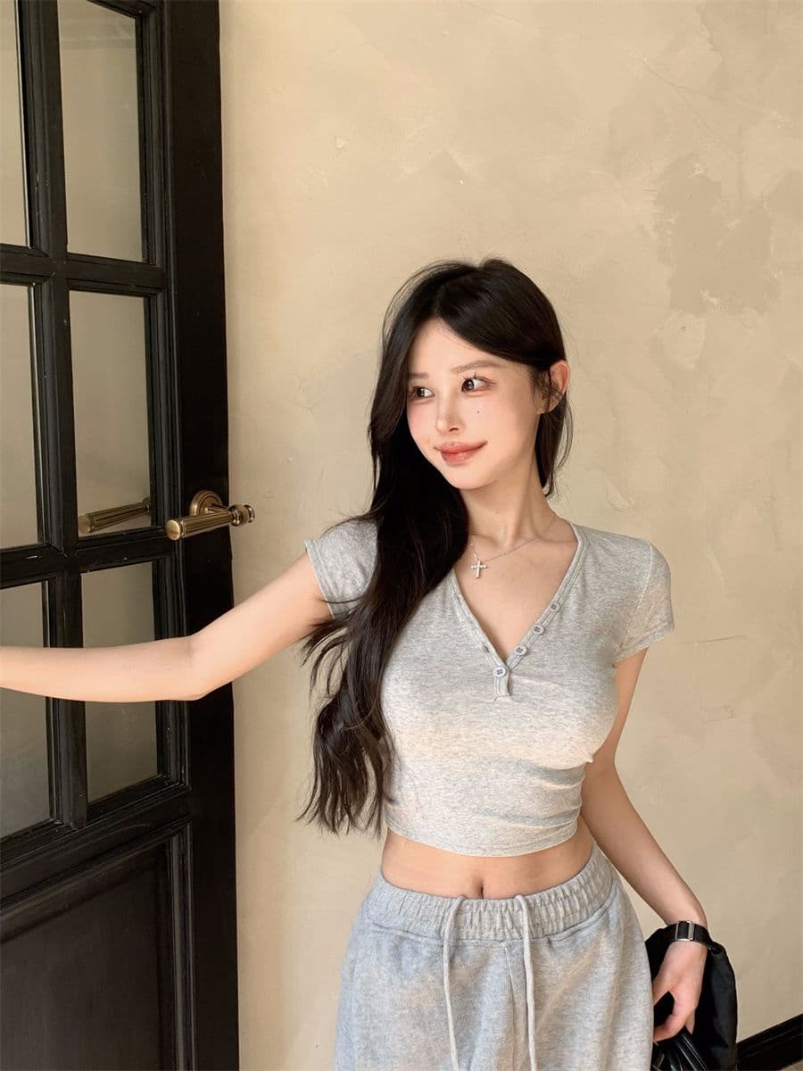있음 선적 모달 V넥 반팔 긍정적 인 어깨 계절 Chic 고유 한 달콤한 차가운 핫걸 쇼트 스타일 타이트 슬림해 보이는 맨위 상세 이미지 7