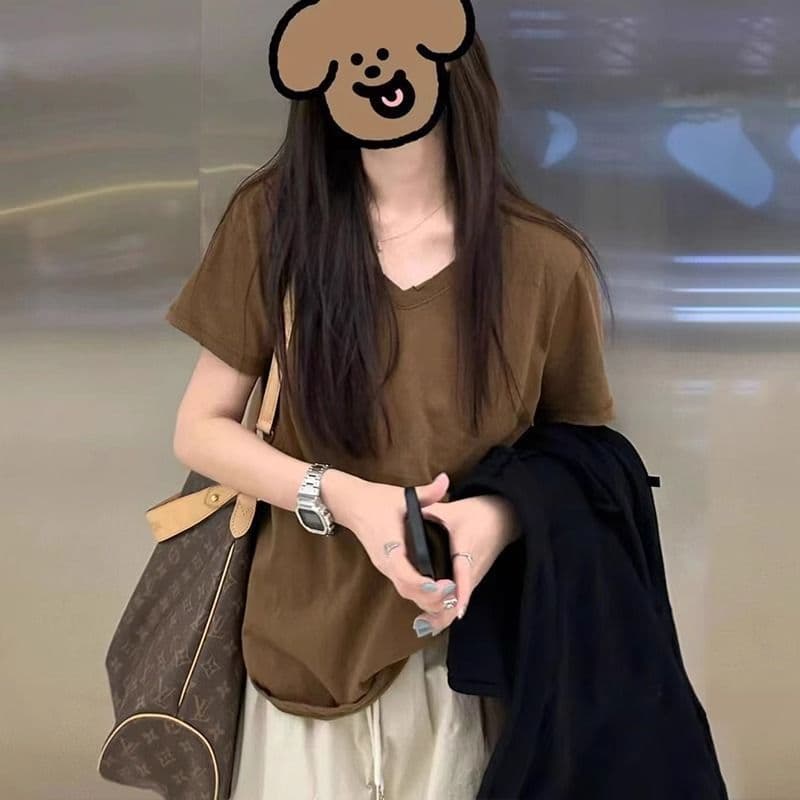 있음 선적 V넥 단색 반팔 티셔츠 여성 루즈핏 슬림해 보이는 맨위 핫걸 만나는 맨위 48 몇 시간 내에 선적 상세 이미지 29