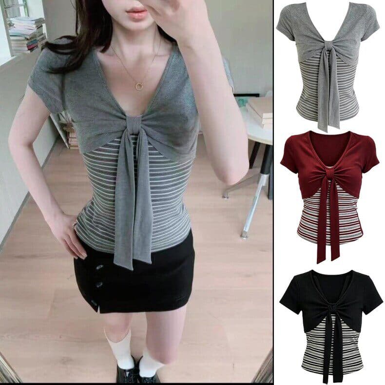 아메리칸 핫걸 바람 스트라이프 패치워크 페이크 레이어드 스트랩 긍정적 인 어깨 반팔 티셔츠 여성 여름 몸매 가꾸기 쇼트 스타일 맨위 트렌디 이미지 4