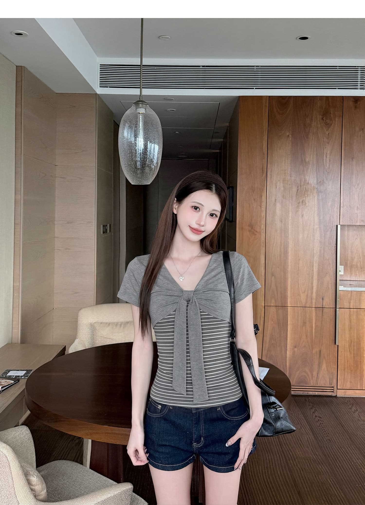아메리칸 핫걸 바람 스트라이프 패치워크 페이크 레이어드 스트랩 긍정적 인 어깨 반팔 티셔츠 여성 여름 몸매 가꾸기 쇼트 스타일 맨위 트렌디 상세 이미지 6