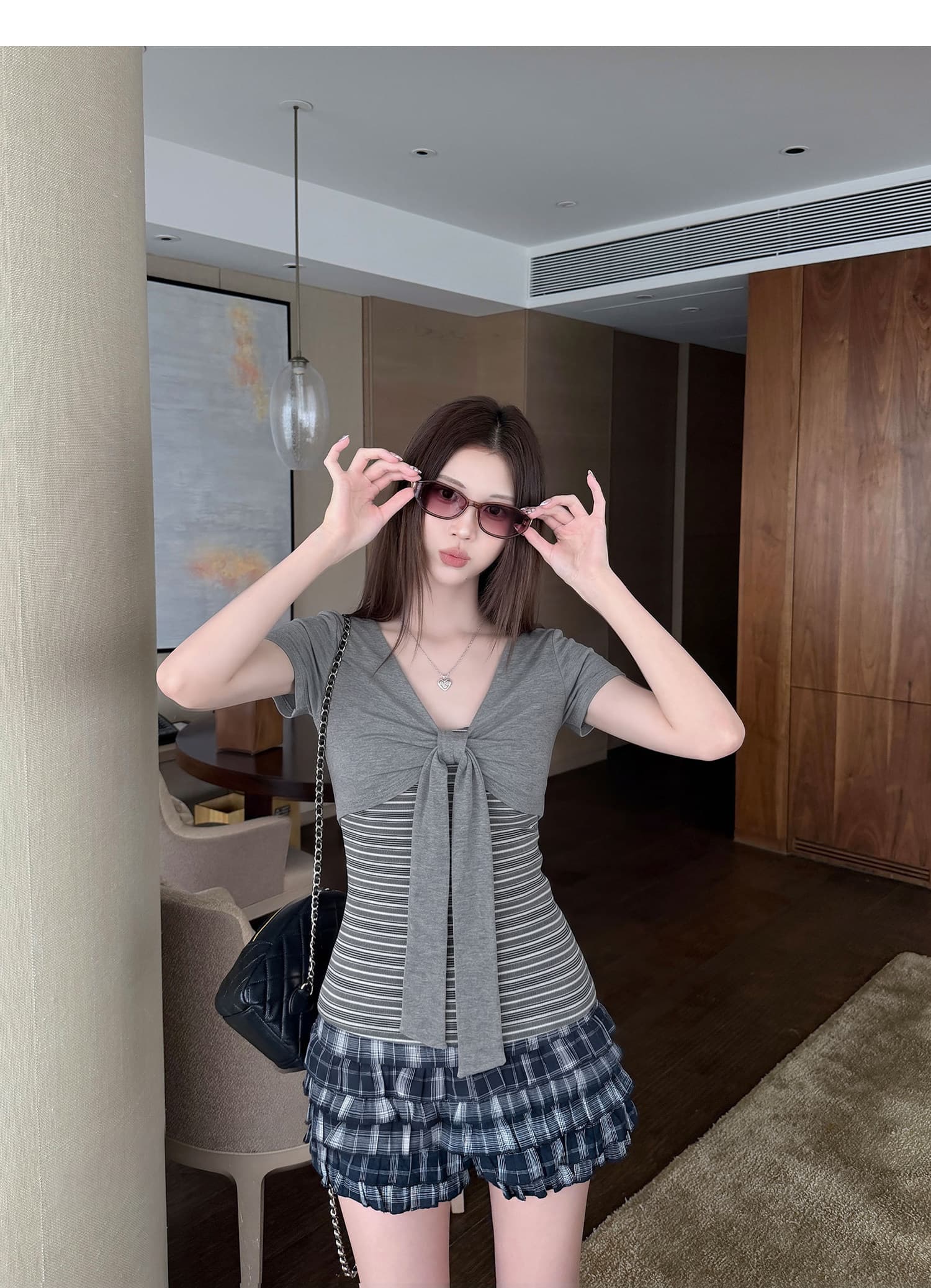 아메리칸 핫걸 바람 스트라이프 패치워크 페이크 레이어드 스트랩 긍정적 인 어깨 반팔 티셔츠 여성 여름 몸매 가꾸기 쇼트 스타일 맨위 트렌디 상세 이미지 8