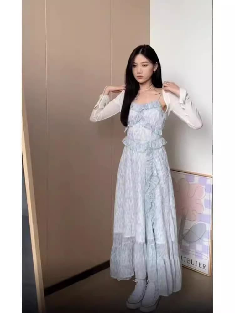 프랑스식 첫사랑 차 휴식 치마 근사한 요정 프릴 슬립 드레스 섹시함 트임 꽃무늬 롱 스커트 디자인 센스 상세 이미지 2