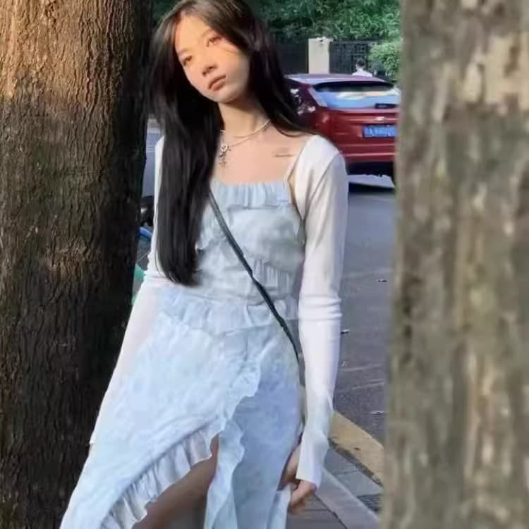 프랑스식 첫사랑 차 휴식 치마 근사한 요정 프릴 슬립 드레스 섹시함 트임 꽃무늬 롱 스커트 디자인 센스 상세 이미지 6