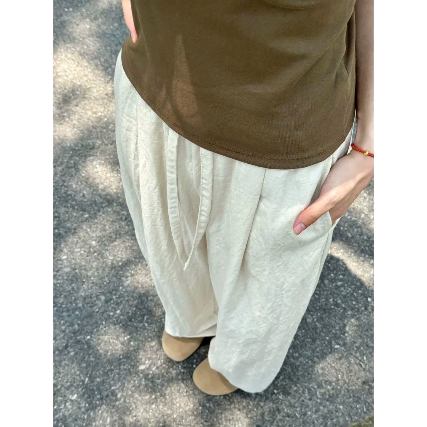 아마 모통이 칼 바지 여성 여름 얇은 스타일 주간 실크 면 린넨 와이드 레그 팬츠 빅 사이즈 지방 mm 루즈핏 슬림해 보이는 자외선 차단 캐주얼 바지 이미지 4