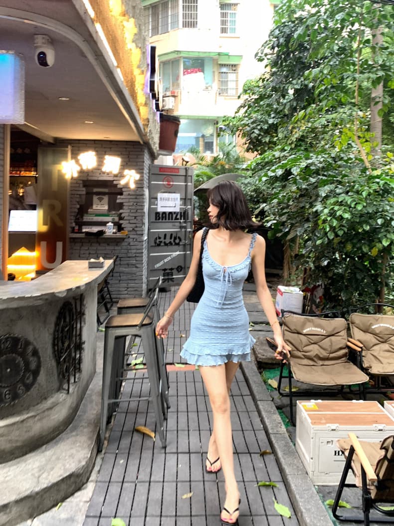 핫걸 바람 파란색 슬립 여성 드레스 여름 몸매 가꾸기 허리 수축 프릴 치마 순수한 욕망 타이트 타이트 스커트 미니 스커트 상세 이미지 12