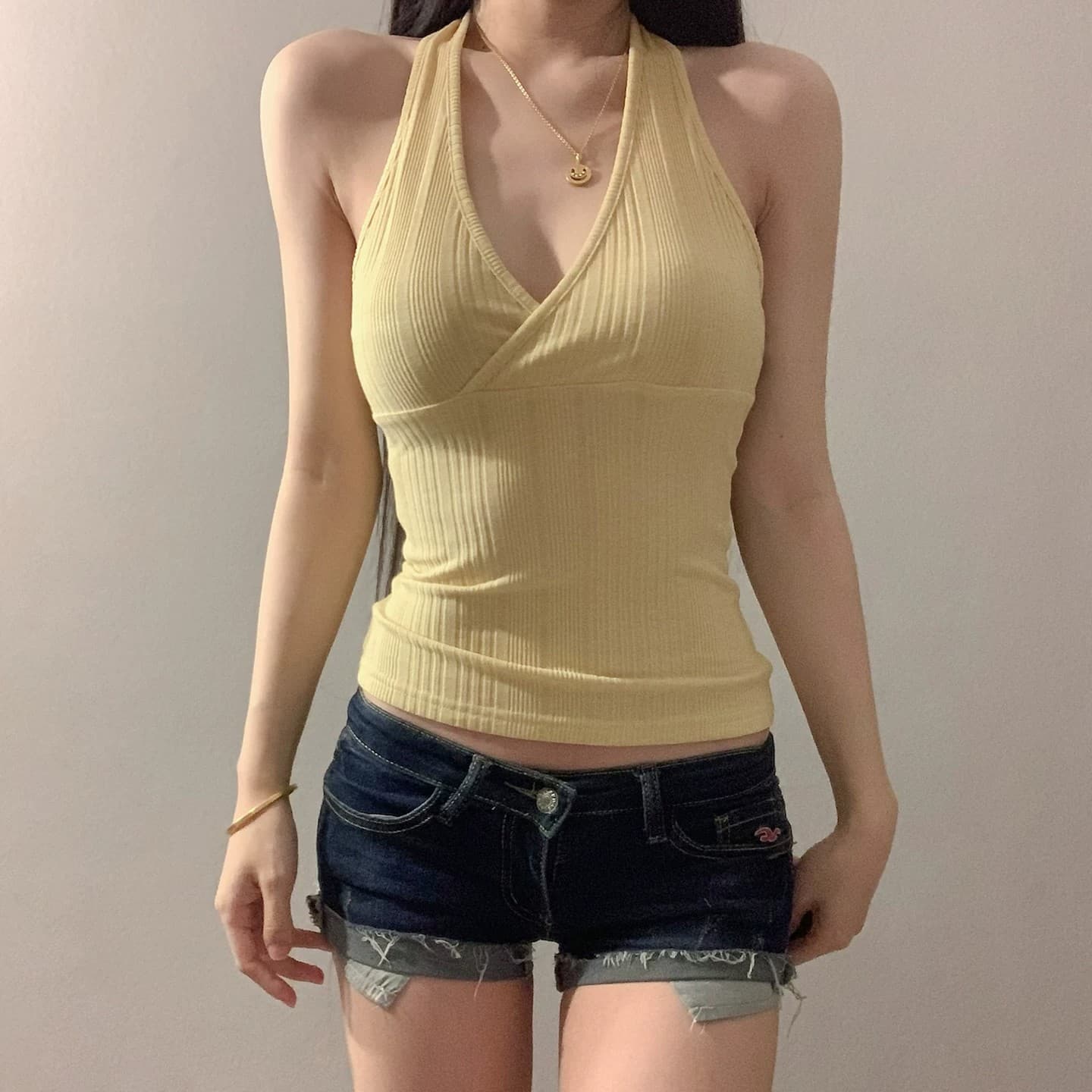 순수한 욕망 바람 행침 목 슬립 V넥 황색 조끼 여성 여름 핫걸 민소매 백리스 맨위
