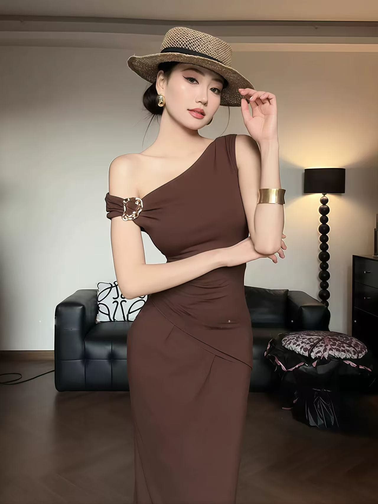 순수한 욕망 레트로 품격 프랑스식 비스듬한 어깨 오프숄더 주름 여성 드레스 허리 수축 타이트 스커트 몸매 가꾸기 슬림해 보이는 품격 롱 스커트