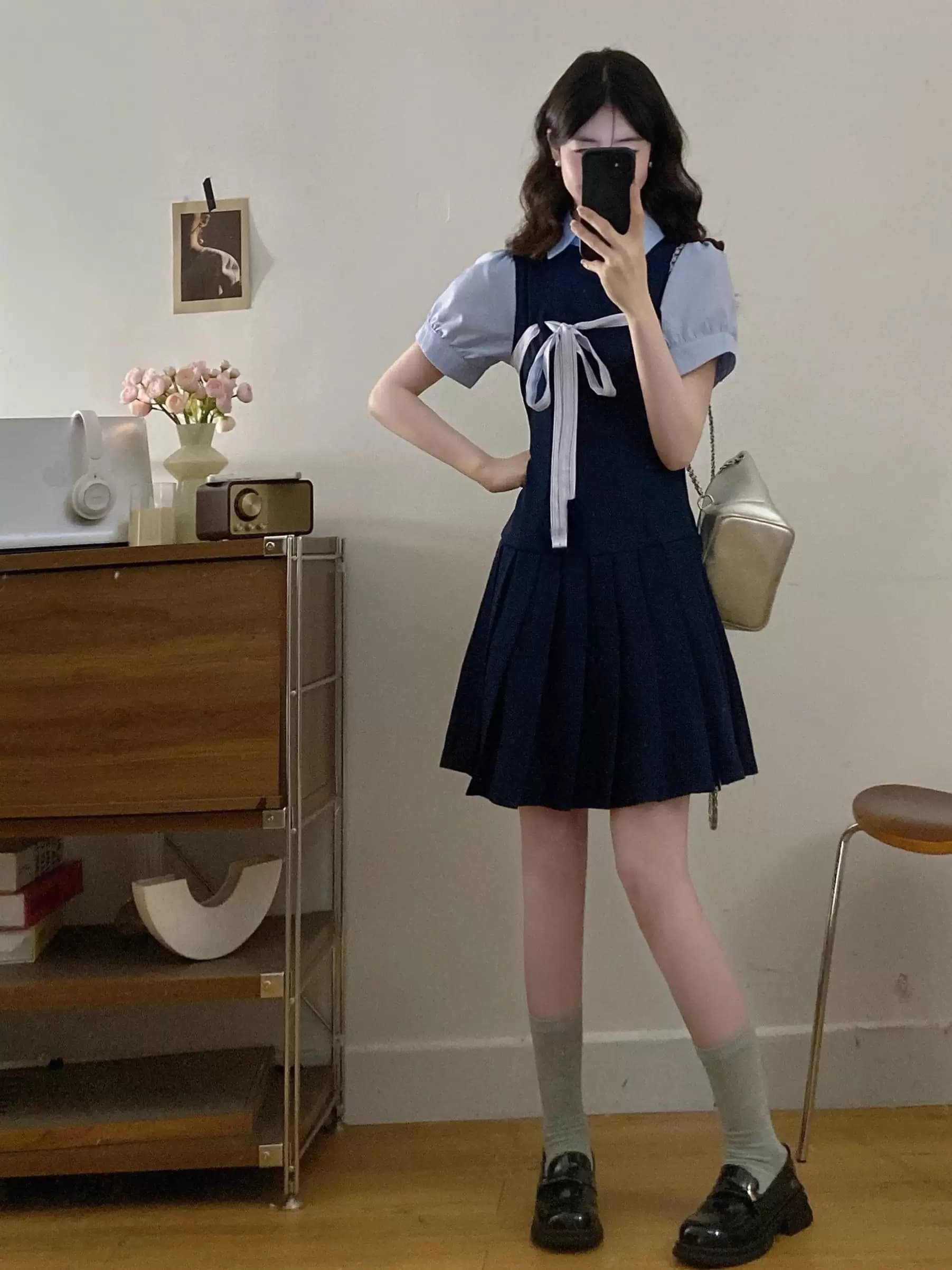 달콤함 miu 부서 학원 스타일 해군 여성 드레스 초여름 새로운 페이크 레이어드 디자인 센스 플리츠 짧은 치마 상세 이미지 3