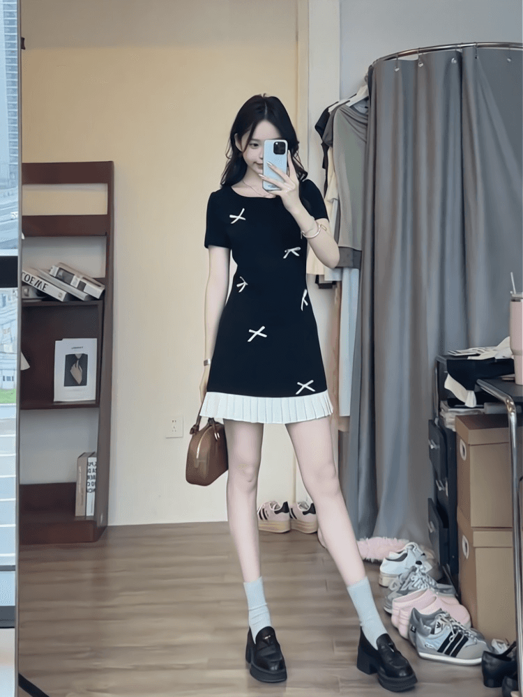 순수한 욕망 바람 달콤함 미니 스커트 여름 허리 수축 슬림해 보이는 miu 부서 디자인 센스 라운드 넥 나비 매듭 품격 여성 드레스 상세 이미지 4