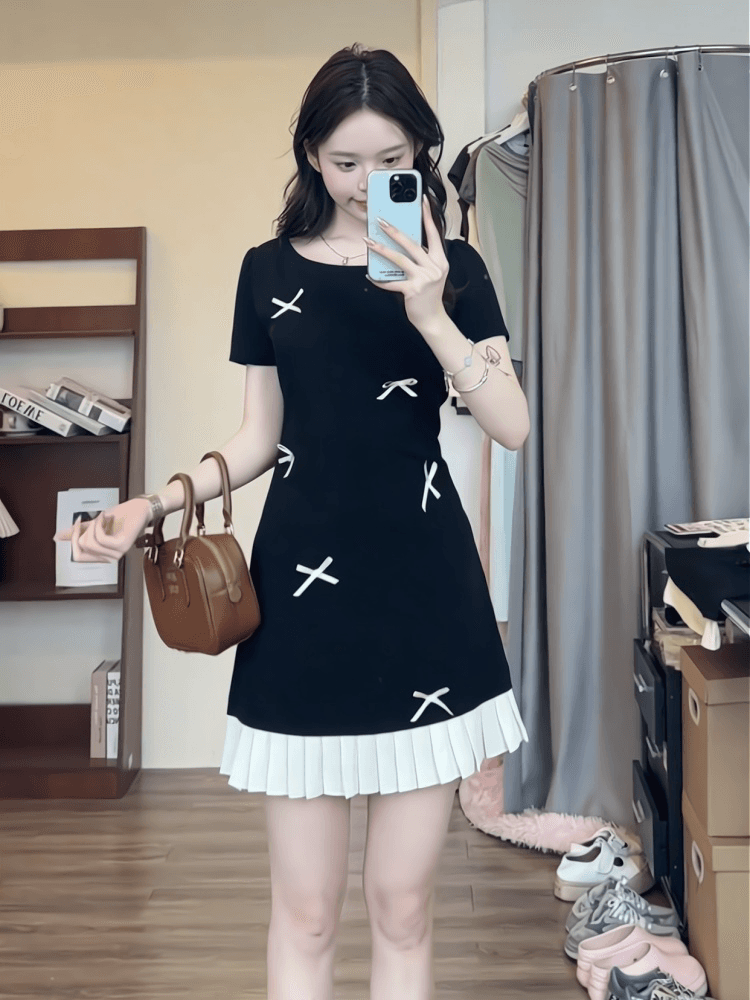 순수한 욕망 바람 달콤함 미니 스커트 여름 허리 수축 슬림해 보이는 miu 부서 디자인 센스 라운드 넥 나비 매듭 품격 여성 드레스 상세 이미지 6