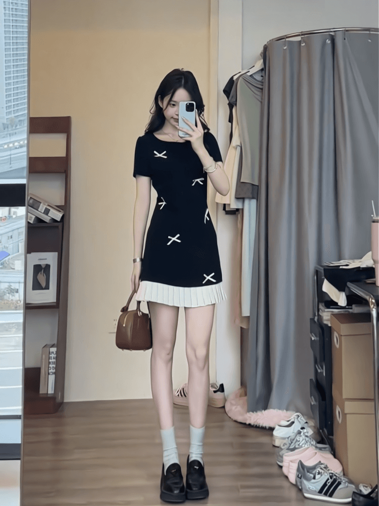 순수한 욕망 바람 달콤함 미니 스커트 여름 허리 수축 슬림해 보이는 miu 부서 디자인 센스 라운드 넥 나비 매듭 품격 여성 드레스 상세 이미지 7