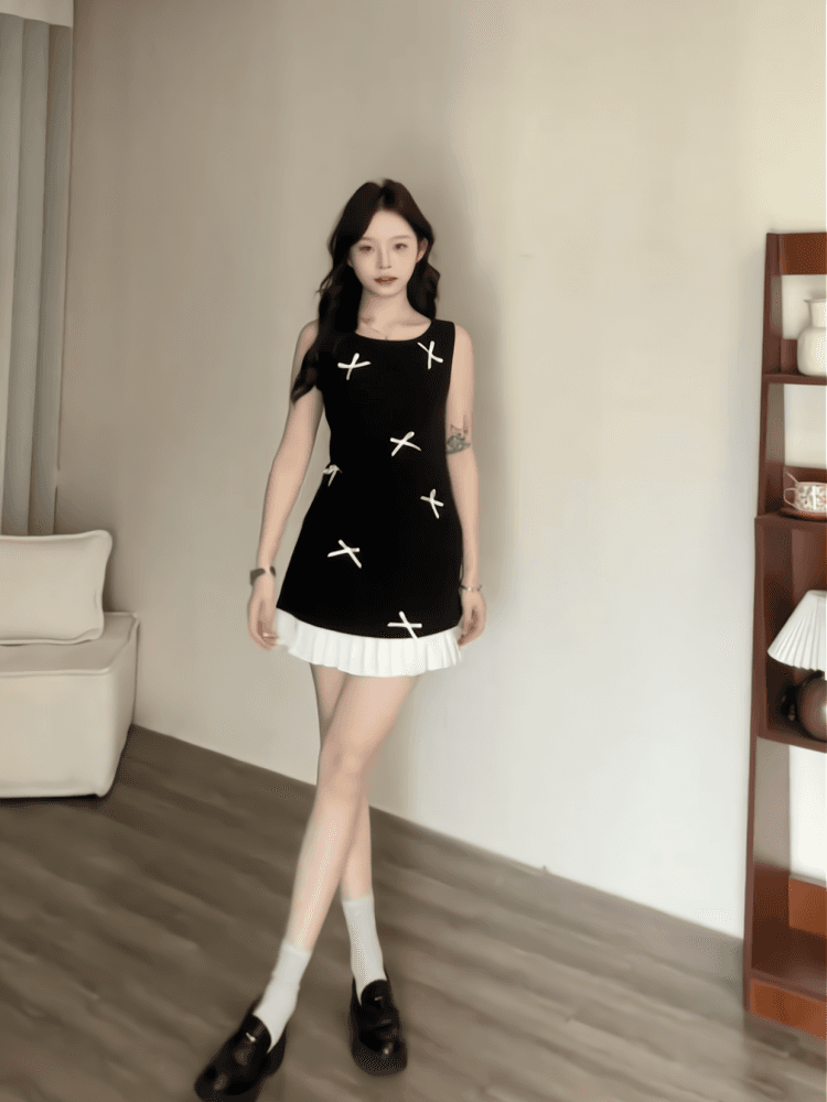 순수한 욕망 바람 달콤함 미니 스커트 여름 허리 수축 슬림해 보이는 miu 부서 디자인 센스 라운드 넥 나비 매듭 품격 여성 드레스 상세 이미지 8