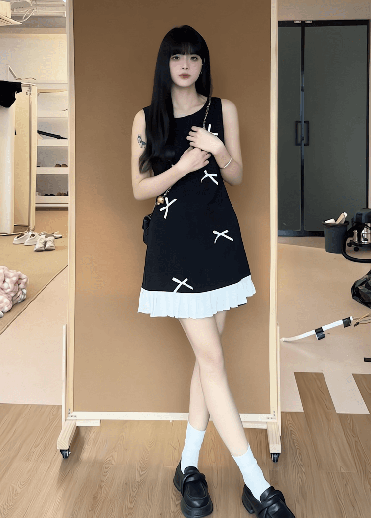 순수한 욕망 바람 달콤함 미니 스커트 여름 허리 수축 슬림해 보이는 miu 부서 디자인 센스 라운드 넥 나비 매듭 품격 여성 드레스 상세 이미지 15