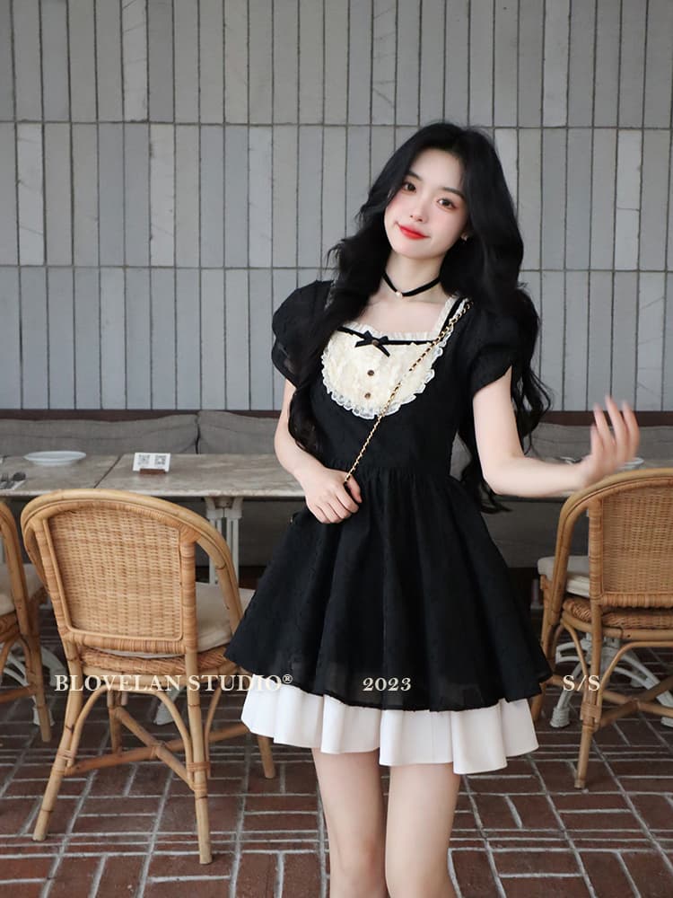 blovelan 캐러멜 밤나무 프랑스식 공주 드레스 고급 센스 광장 칼라 검정색 하이웨이스트 여성 드레스 여름 새로운 이미지 3