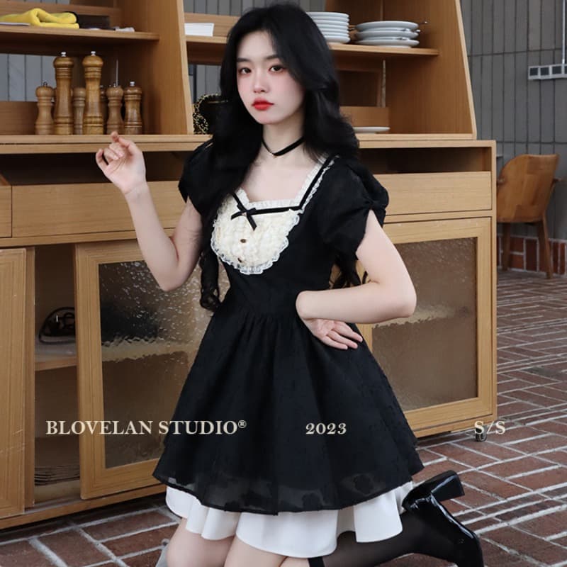 blovelan 캐러멜 밤나무 프랑스식 공주 드레스 고급 센스 광장 칼라 검정색 하이웨이스트 여성 드레스 여름 새로운