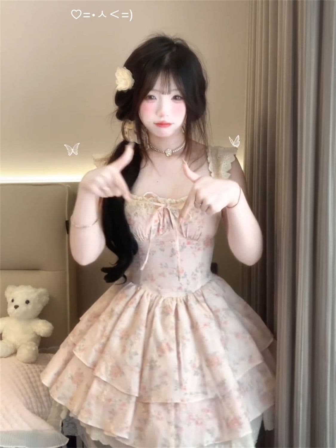 원본 품질 프랑스식 레트로 작은 날다 소매 레이스 싸움 꽃무늬 허리 수축 드레스 허리 수축 슬림해 보이는 공주 드레스
