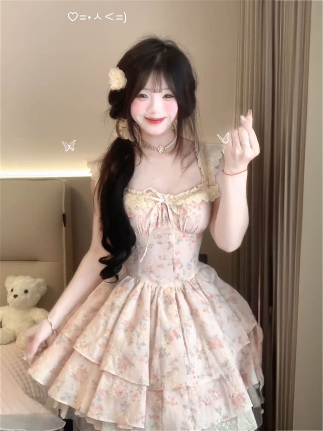 원본 품질 프랑스식 레트로 작은 날다 소매 레이스 싸움 꽃무늬 허리 수축 드레스 허리 수축 슬림해 보이는 공주 드레스 상세 이미지 2
