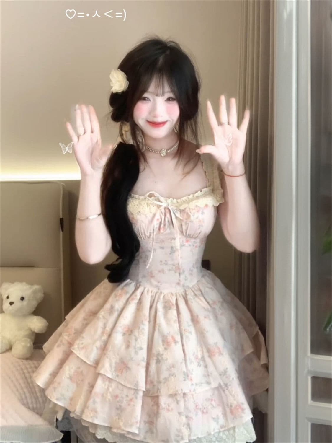 원본 품질 프랑스식 레트로 작은 날다 소매 레이스 싸움 꽃무늬 허리 수축 드레스 허리 수축 슬림해 보이는 공주 드레스 상세 이미지 5