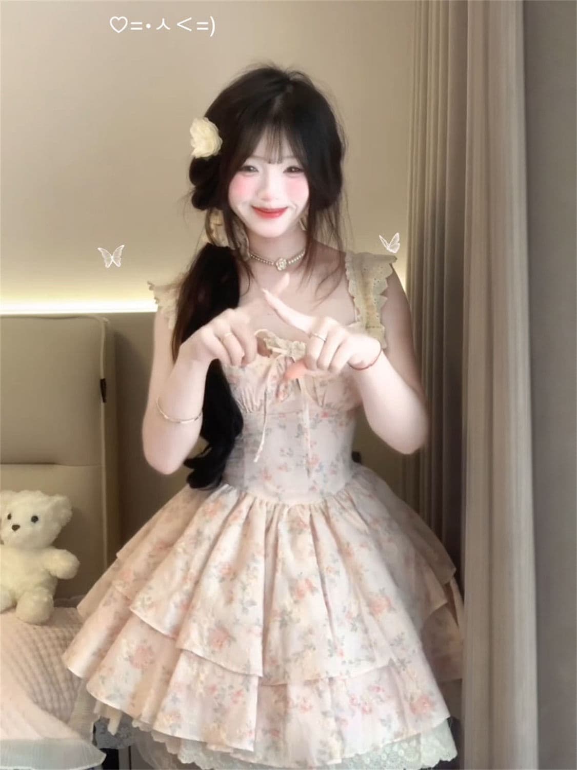 원본 품질 프랑스식 레트로 작은 날다 소매 레이스 싸움 꽃무늬 허리 수축 드레스 허리 수축 슬림해 보이는 공주 드레스 상세 이미지 6
