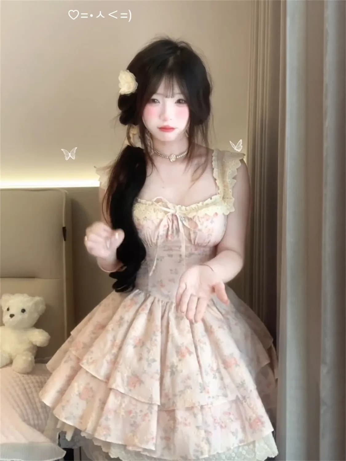 원본 품질 프랑스식 레트로 작은 날다 소매 레이스 싸움 꽃무늬 허리 수축 드레스 허리 수축 슬림해 보이는 공주 드레스 상세 이미지 7
