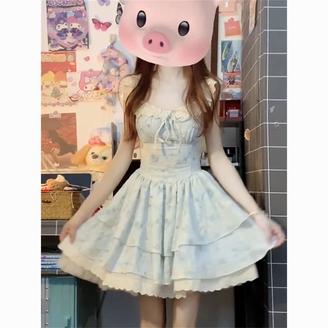 원본 품질 프랑스식 레트로 작은 날다 소매 레이스 싸움 꽃무늬 허리 수축 드레스 허리 수축 슬림해 보이는 공주 드레스 상세 이미지 10