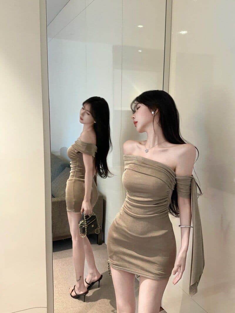 리본 불규칙 비스듬한 어깨 반팔 여성 드레스 여름 타이트 허리 수축 치마 순수한 욕망 바람 타이트 스커트 미니 스커트 상세 이미지 3