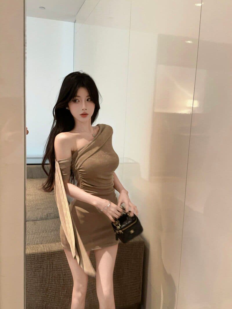리본 불규칙 비스듬한 어깨 반팔 여성 드레스 여름 타이트 허리 수축 치마 순수한 욕망 바람 타이트 스커트 미니 스커트 상세 이미지 5