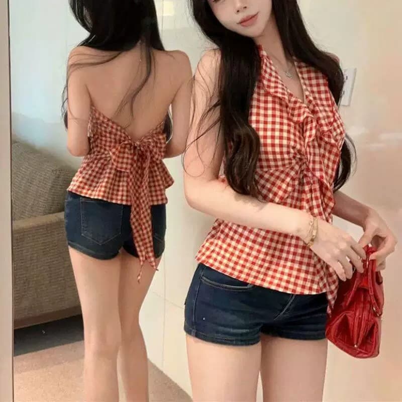 원본 원단 것 캐미솔 여름 새로운 아름다움 뒤로 빨간색 체크무늬 핫걸 민소매 행침 목 맨위 여성 상세 이미지 8