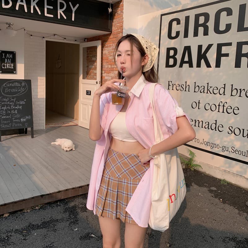 레트로 패치워크 핑크색 스트라이프 반팔 여성 셔츠 학원 스타일 작은 키 루즈핏 여름 POLO 칼라 맨위