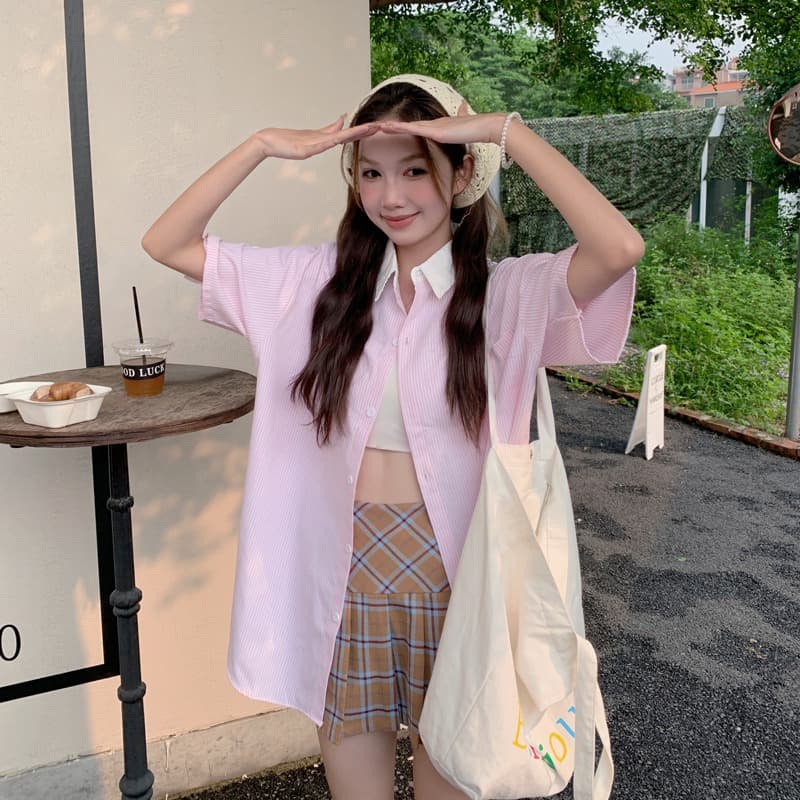 레트로 패치워크 핑크색 스트라이프 반팔 여성 셔츠 학원 스타일 작은 키 루즈핏 여름 POLO 칼라 맨위 이미지 2