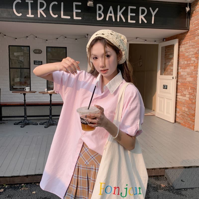 레트로 패치워크 핑크색 스트라이프 반팔 여성 셔츠 학원 스타일 작은 키 루즈핏 여름 POLO 칼라 맨위 이미지 5