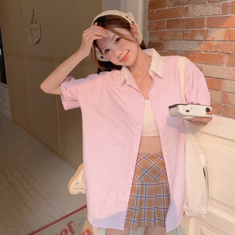 레트로 패치워크 핑크색 스트라이프 반팔 여성 셔츠 학원 스타일 작은 키 루즈핏 여름 POLO 칼라 맨위 이미지 4