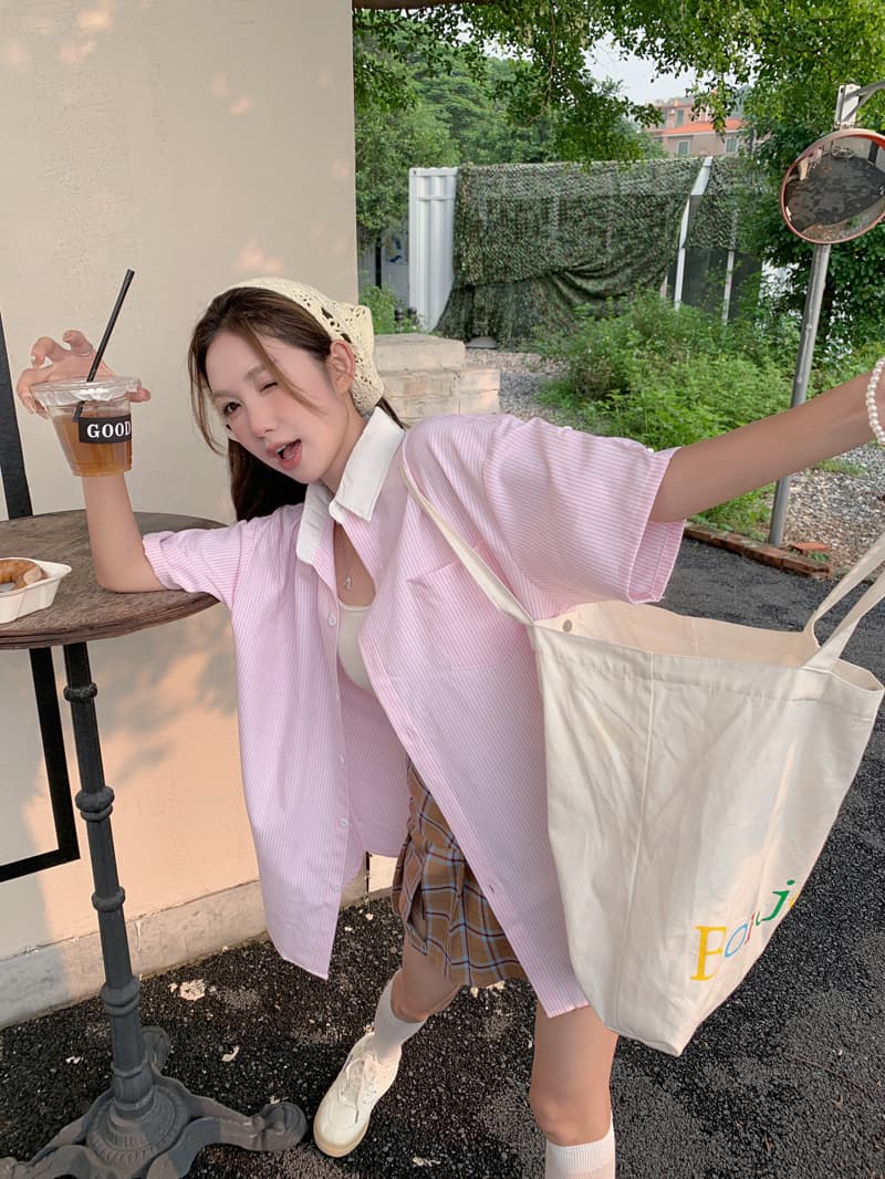 레트로 패치워크 핑크색 스트라이프 반팔 여성 셔츠 학원 스타일 작은 키 루즈핏 여름 POLO 칼라 맨위 상세 이미지 11