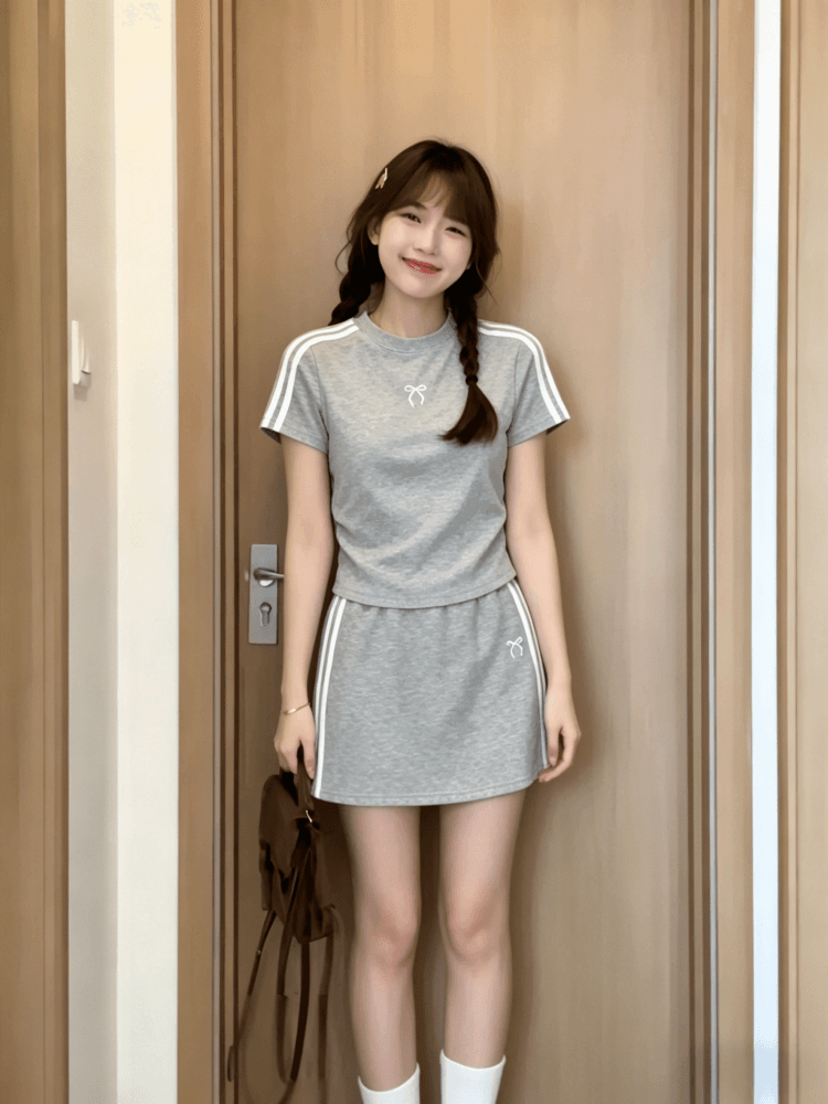 치마 있음 안감 40 순면 높음 폭탄 자수 3개 로드 스포츠 슈트 여성용 짧은 소매 티셔츠 여름 상세 이미지 7