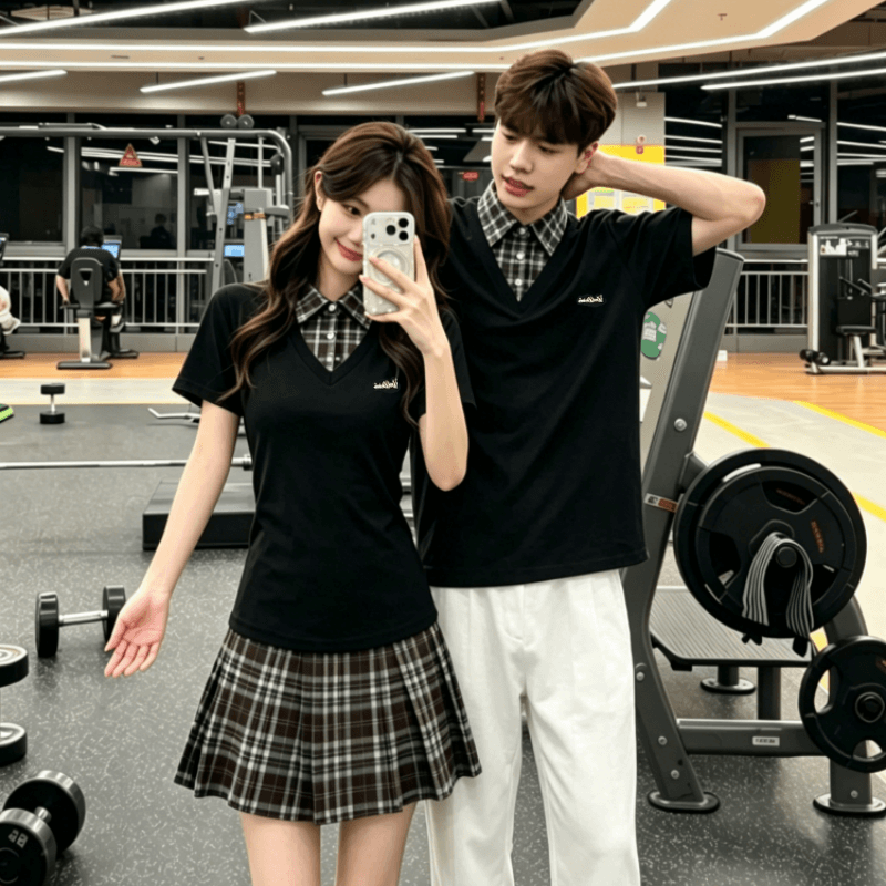 커플룩 학원 스타일 페이크 레이어드 허리 수축 슬림해 보이는 플리츠 드레스 작은 대중 디자인 POLO 칼라 이미지 4
