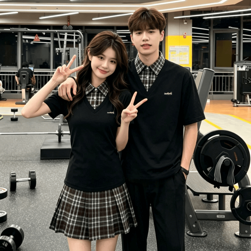 커플룩 학원 스타일 페이크 레이어드 허리 수축 슬림해 보이는 플리츠 드레스 작은 대중 디자인 POLO 칼라