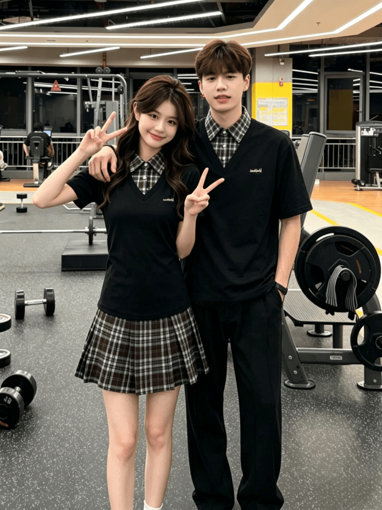 커플룩 학원 스타일 페이크 레이어드 허리 수축 슬림해 보이는 플리츠 드레스 작은 대중 디자인 POLO 칼라 상세 이미지 5