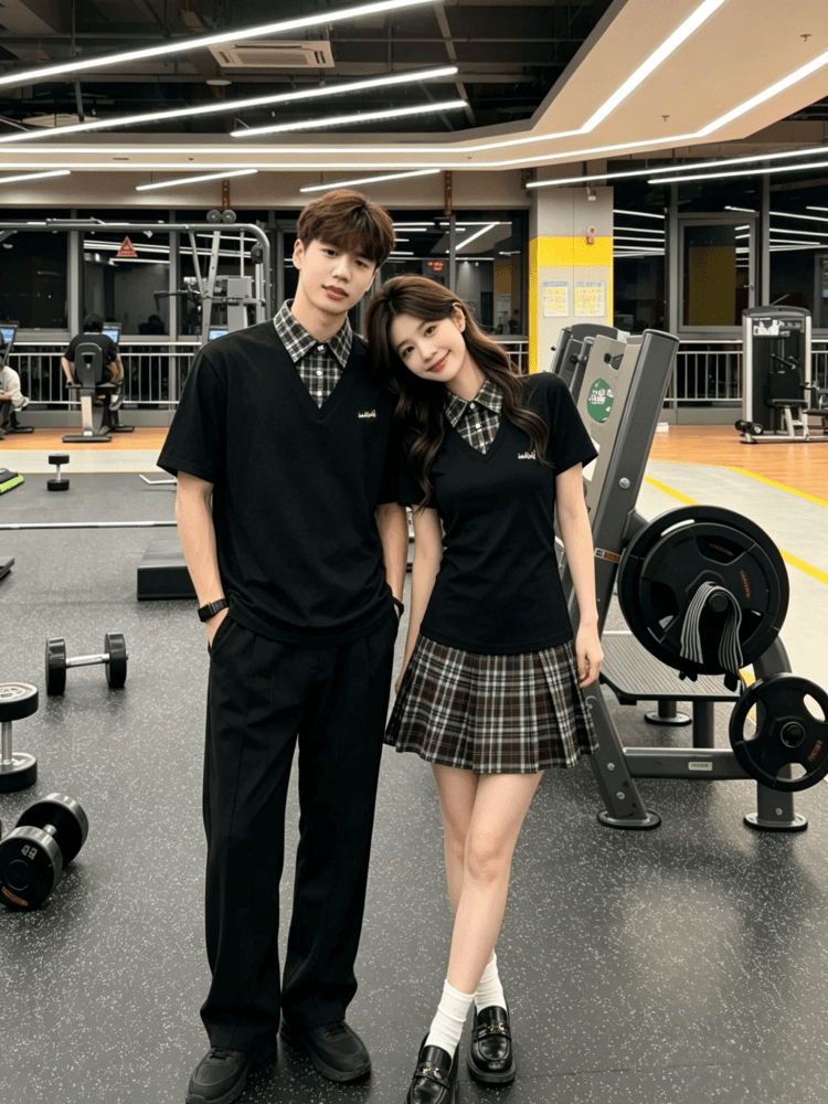 커플룩 학원 스타일 페이크 레이어드 허리 수축 슬림해 보이는 플리츠 드레스 작은 대중 디자인 POLO 칼라 상세 이미지 7
