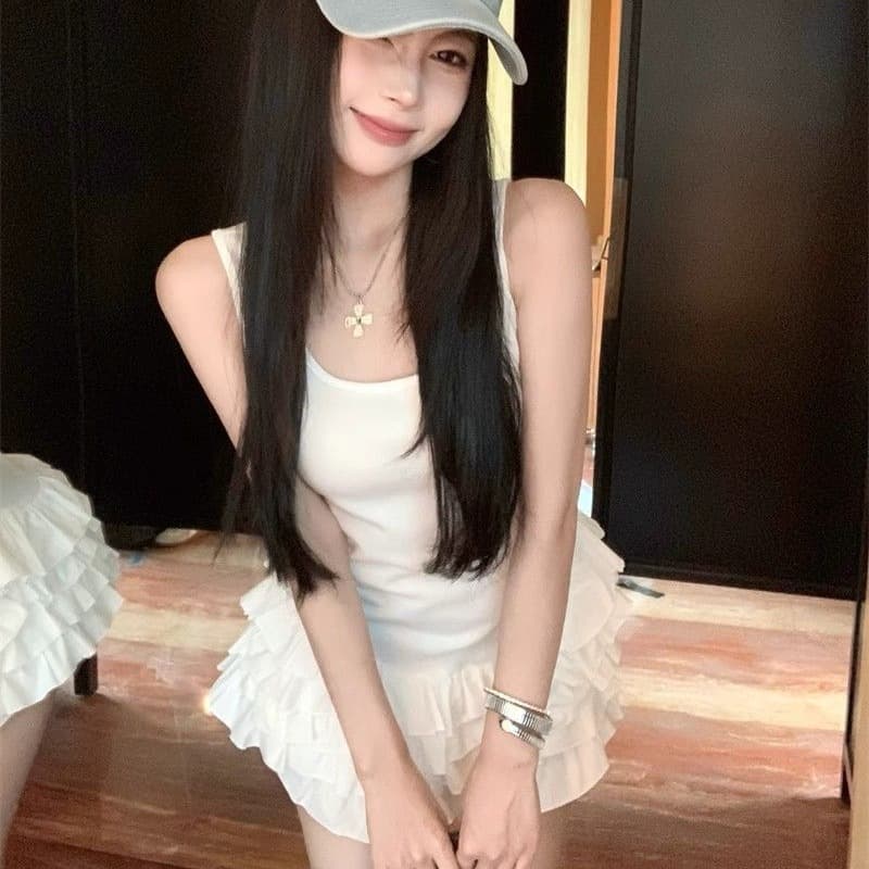 달콤함 화이트 슬립 여성 드레스 여름 몸매 가꾸기 허리 수축 프릴 케이크 치마 발레 바람 한 마디 미니 스커트 이미지 5