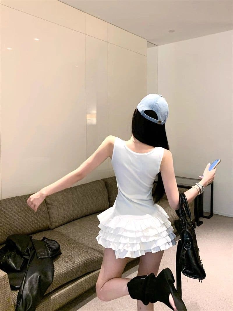 달콤함 화이트 슬립 여성 드레스 여름 몸매 가꾸기 허리 수축 프릴 케이크 치마 발레 바람 한 마디 미니 스커트 상세 이미지 3