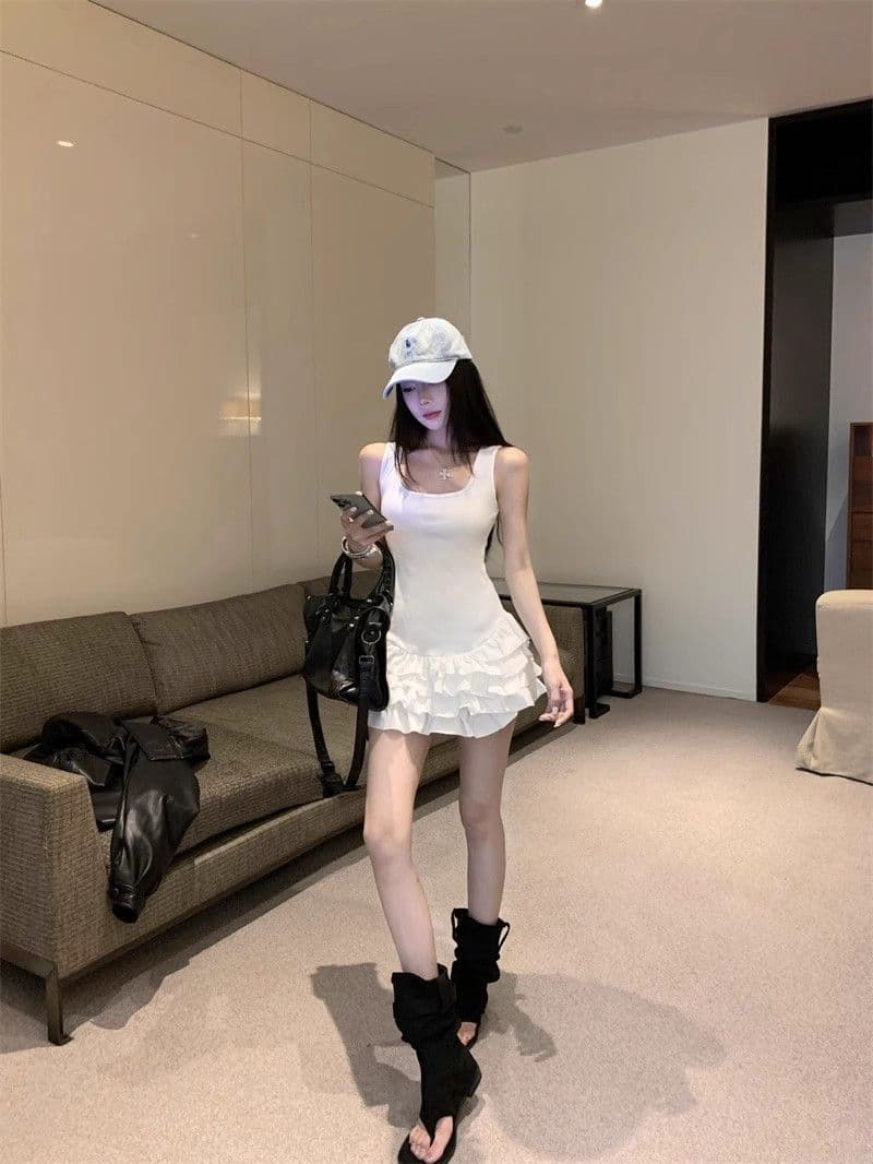 달콤함 화이트 슬립 여성 드레스 여름 몸매 가꾸기 허리 수축 프릴 케이크 치마 발레 바람 한 마디 미니 스커트 상세 이미지 4