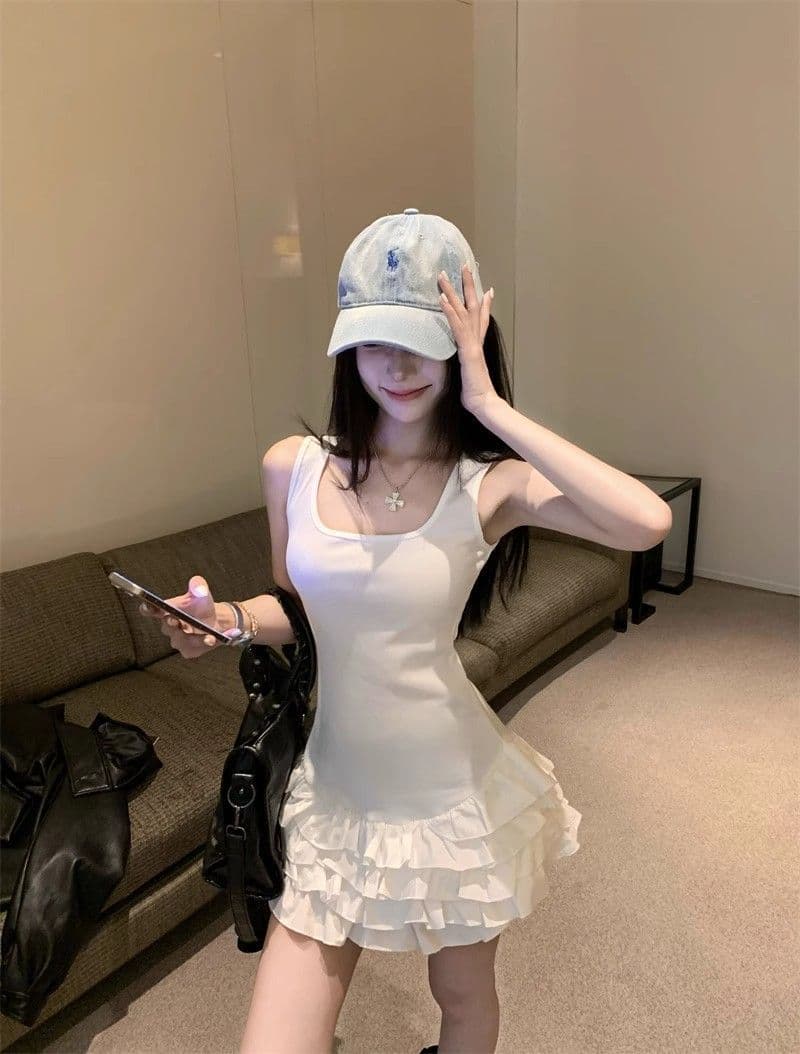 달콤함 화이트 슬립 여성 드레스 여름 몸매 가꾸기 허리 수축 프릴 케이크 치마 발레 바람 한 마디 미니 스커트 상세 이미지 5