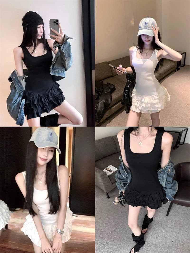 달콤함 화이트 슬립 여성 드레스 여름 몸매 가꾸기 허리 수축 프릴 케이크 치마 발레 바람 한 마디 미니 스커트 상세 이미지 12